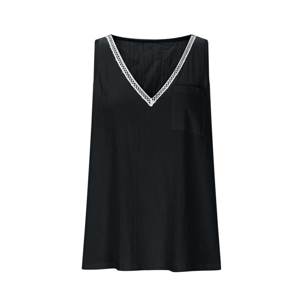 Women's Fashionable Sleeveless Cotton Linen Color V Neck Pocket Casual Loose Vest Top