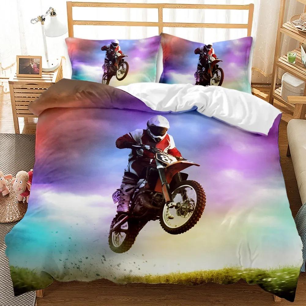 Motorbike Duvet Cover Collection Motocross Rider Racing Motorcycle Dirt Bike Bedding Collection Vehicles Extreme Sports Polyester Quilt Cover