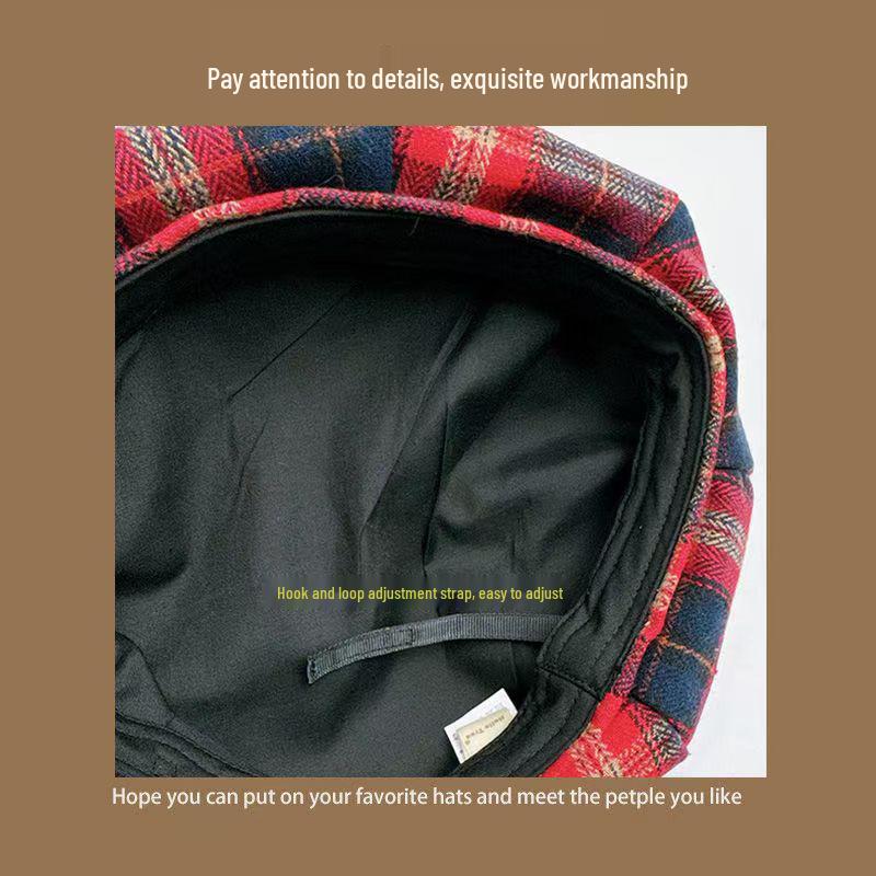 Retro Red Plaid Beret: Niche Design, Versatile Christmas Octagonal Hat, Light Luxury Style