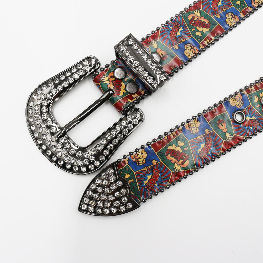 Rhinestone Belt Print Punk Creative Irregular Hand-painted Graffiti Belt Rock Fashion European and American Style PU Belt