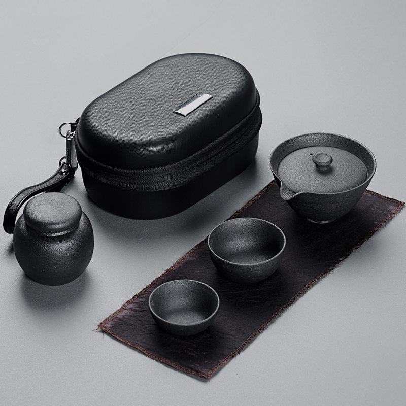 Portable Japanese Black Pottery Tea Set with One Teapot and Two Cups - Ideal for Travel or As a Souvenir Gift