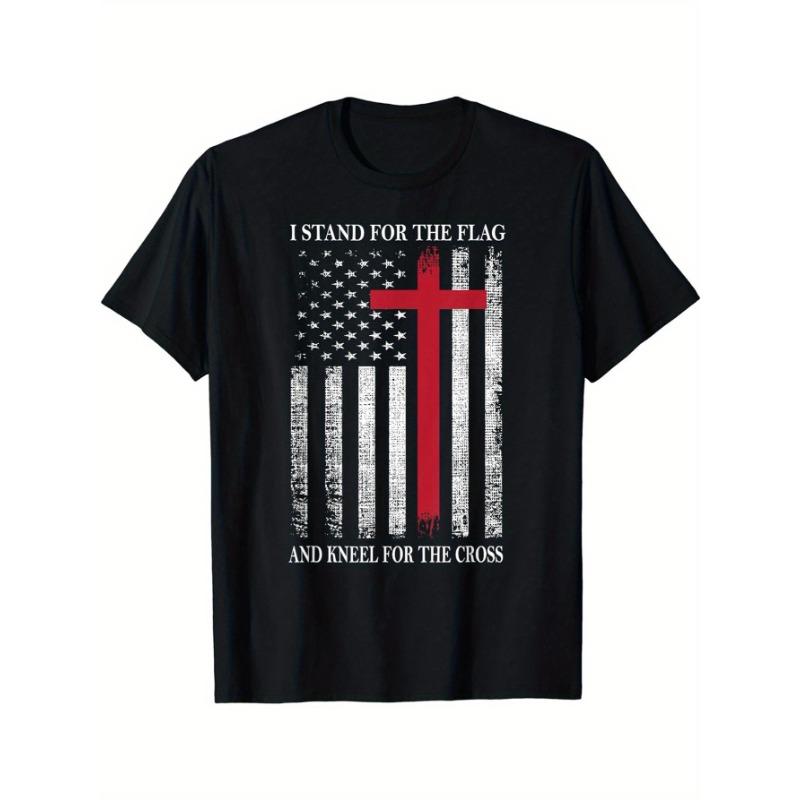 

Mens Christian Faith and American Flag Pattern Tshirt I Stand for the Flag Kneel Down for the Cross Design Vintage Style 4XL