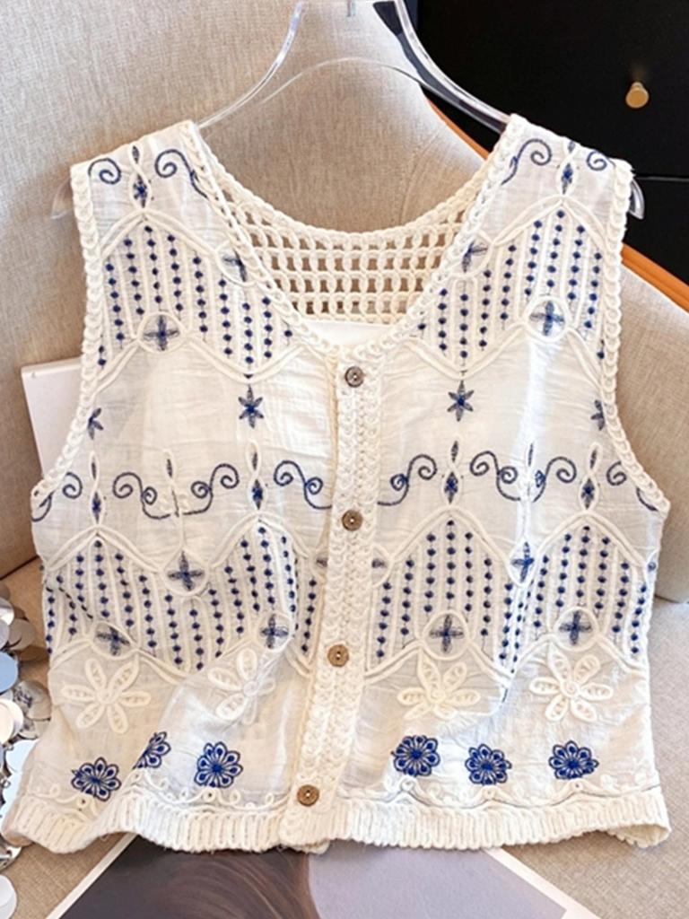 100% Baumwolle Bestickte Offene Strickweste Damen Strickoberteil Ärmellos Kurze Weste V-Ausschnitt Ein-Knopf-Verschluss