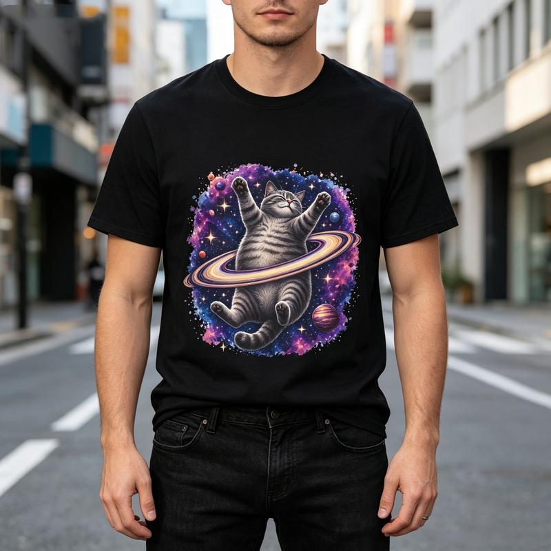 Space Ring Cat Graphic T Shirt Galaxy Saturn Cat Print Unisexs Unisexs Cotton Crew Neck Casual Y2k Top Harajuku Oversized T Shirt