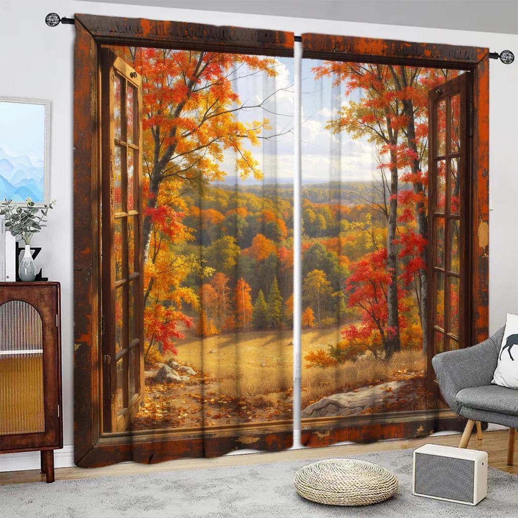 2pcs Autumn Sunshine Forest Red Leaf Scenic Printed Curtains - Artistic Home Decoration Curtains, All Season Decorative Curtains