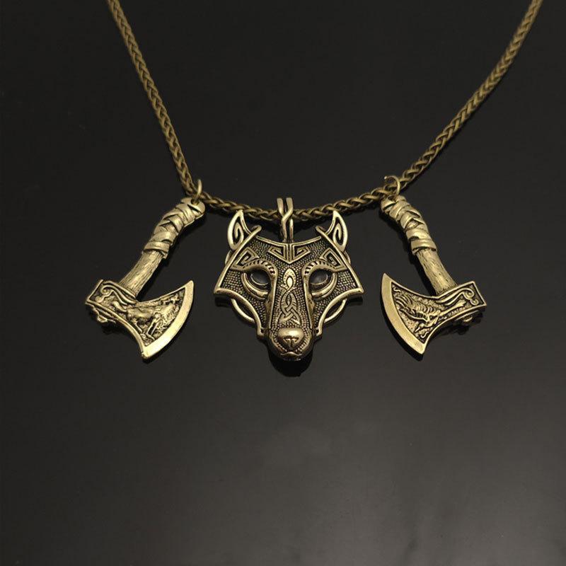 Vintage Viking Celtic Wolf Head Double Axe Pendant Necklace Jewelry