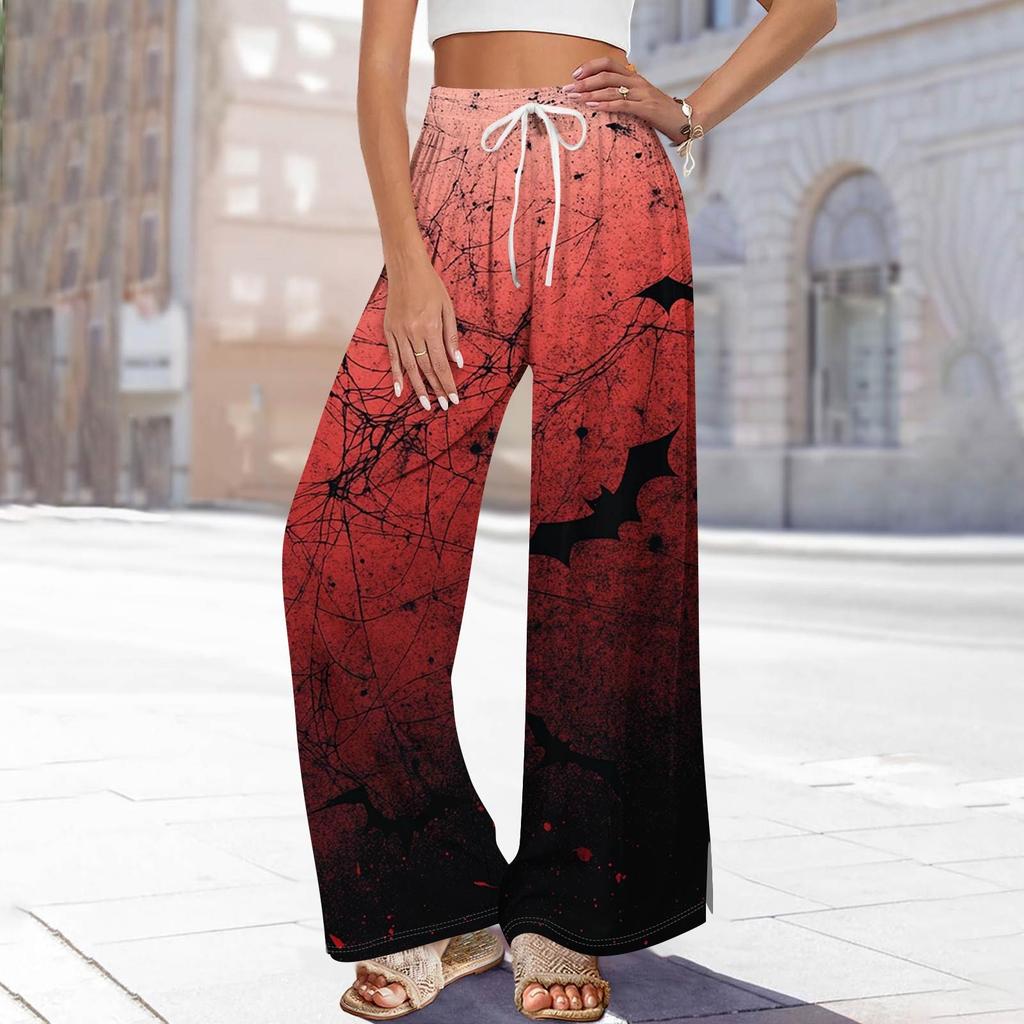 Women's Printed Wide Leg Pants With Pockets High Waist Drawstring Loose Casual Pants