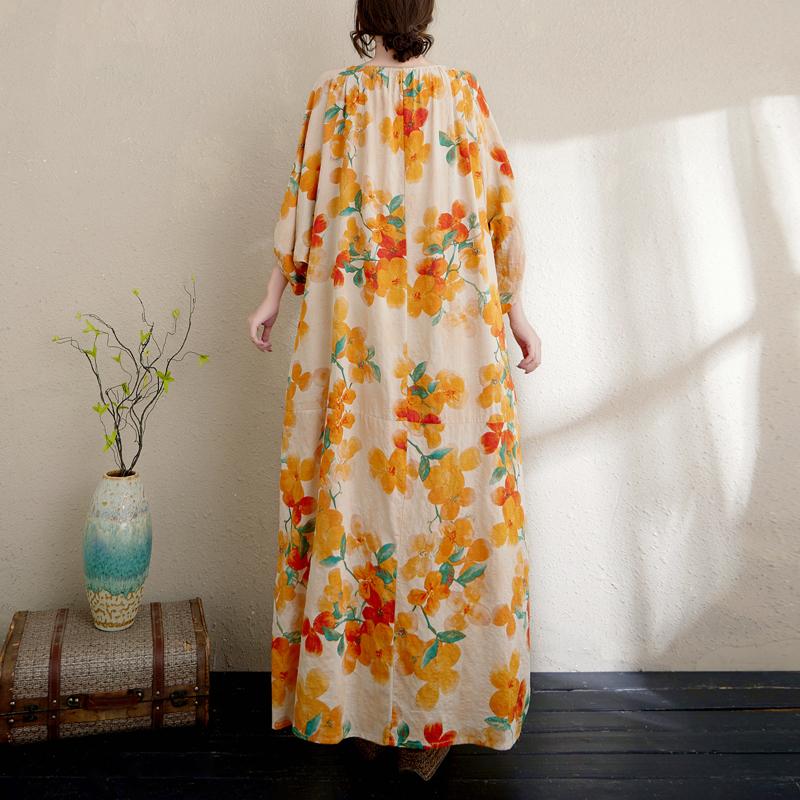 DIMANAF 2025 Summer Plus Size Dress Women Casual Vintage Floral Dress Basic Printing Long Beach Elegant Loose Dress