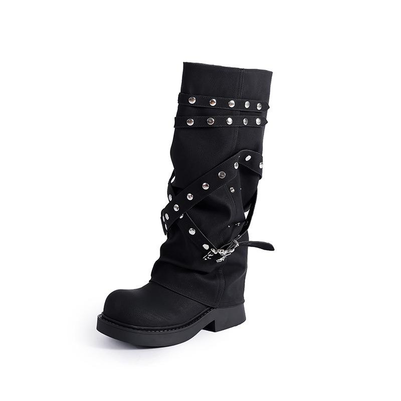 Maillard Trouser Boots Autumn New Women's Retro Round Head Niche Design Long Boots Rivet Knight Boots