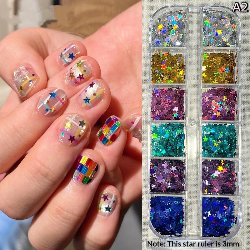 12 Grids Seqiuns Star Glitter Colorful Nail Flake Flash Mini Pentagram Nail Seqiuns Nail Charm Kawaii DIY Manicure Accessories