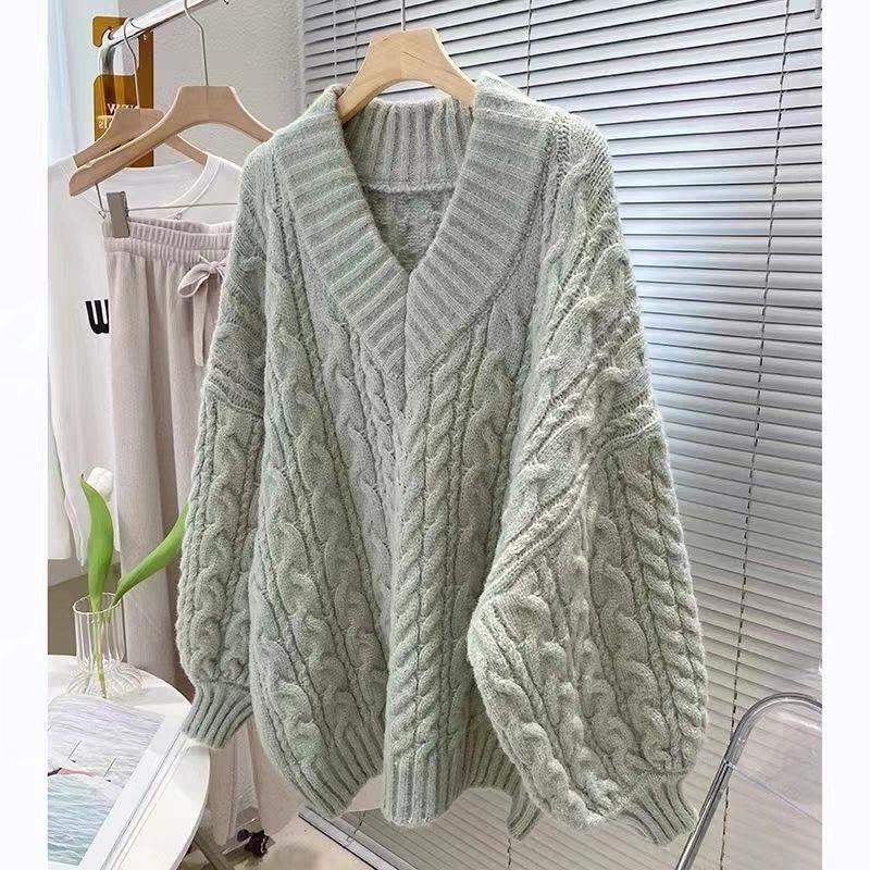 Damen V-Ausschnitt Zopfmusterpullover - Dick, locker und kuschelig für Herbst/Winter.