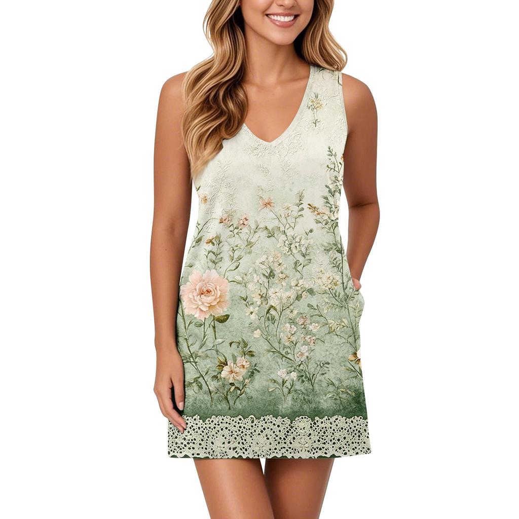 Women's V-neck Sundress Sleeveless Casual Floral Print Dress With Pockets
