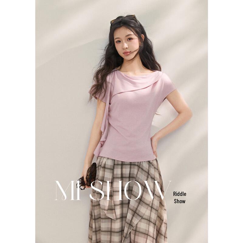 Mishow Ruffled Asymmetrical Collar Tencel Wool Blend T-Shirt L