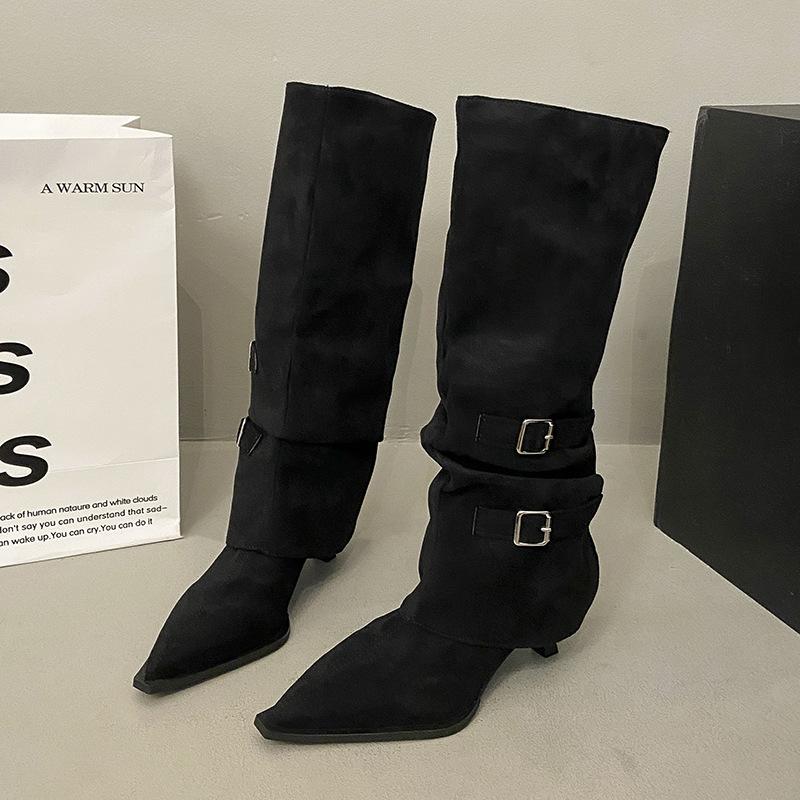 Korean Version Suede Pleated Piled Boots Long Boots Women's Autumn and Winter New Suede Two Wear Thin Heel Back Zipper High Heel Women's Boots