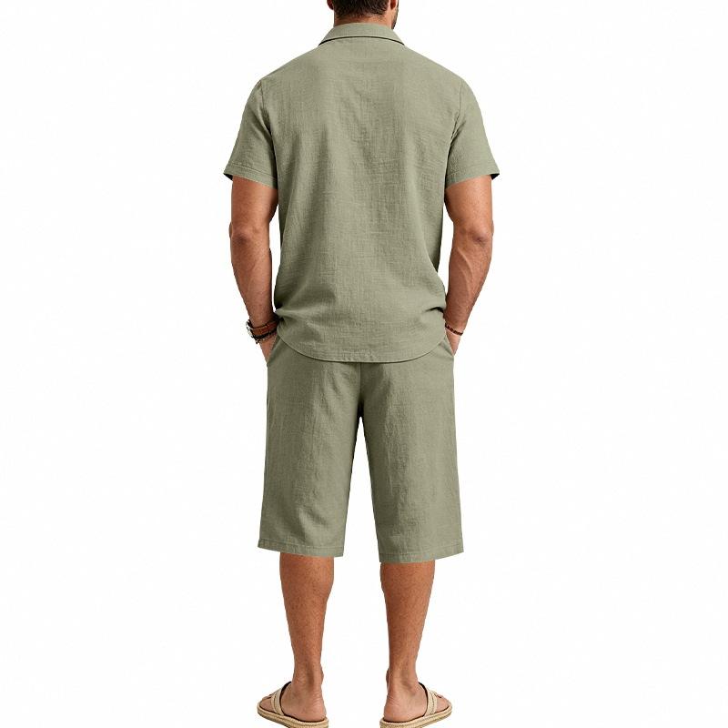 Summer Men's Casual Sportswear Sets Lapel Men's Short-Sleeved Shirt and Shorts Solid Beach Set