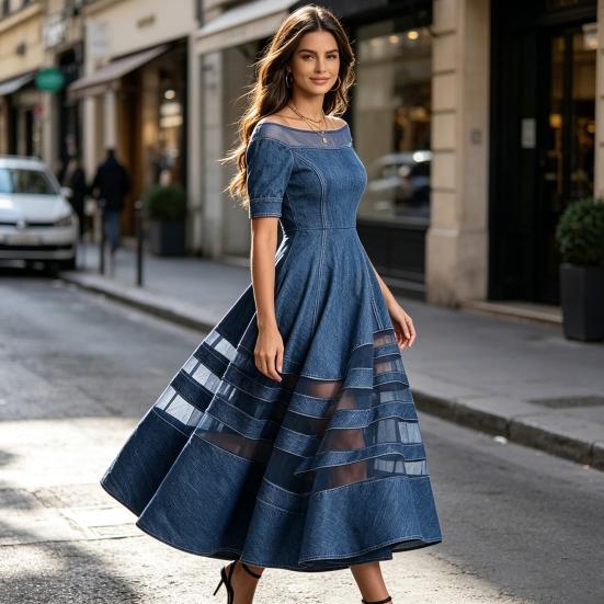 Damen schulterfreies Jeanskleid, Netz-Patchwork Kurzarm A-Linie Swingkleid, Sommer Reise Urlaub langes Kleid