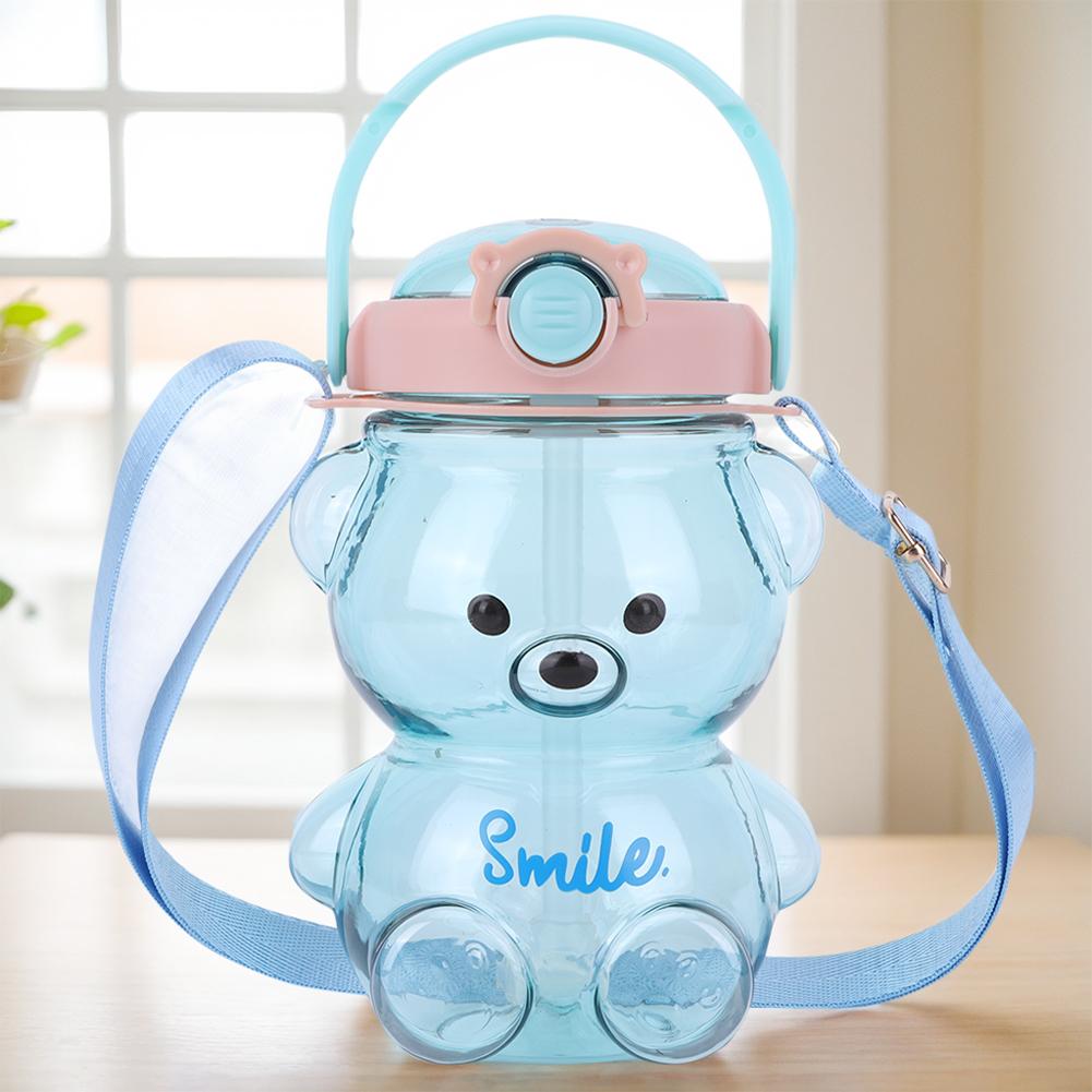 1000/1400ml Kawaii Bear Cup with Shoulder Strap Cute Bear Drinking Bottle Leak-Proof Straw Sports Water Jug for Outdoor Sports
