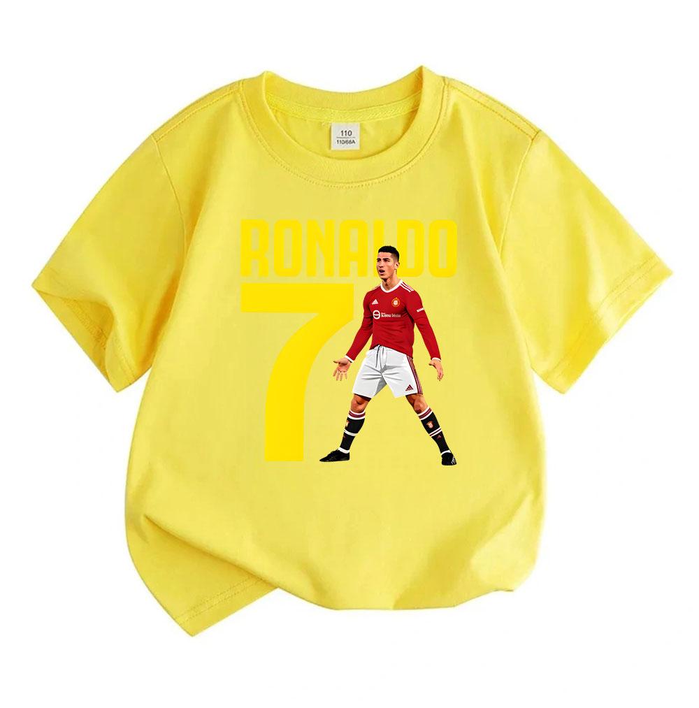 Boys Girls 100% Cotton Crew Neck Short Sleeve T-Shirt, Classic Football Star No.7 Ronaldo Printed Casual Soft Breathable Tee for Kids Daily Wear Sport