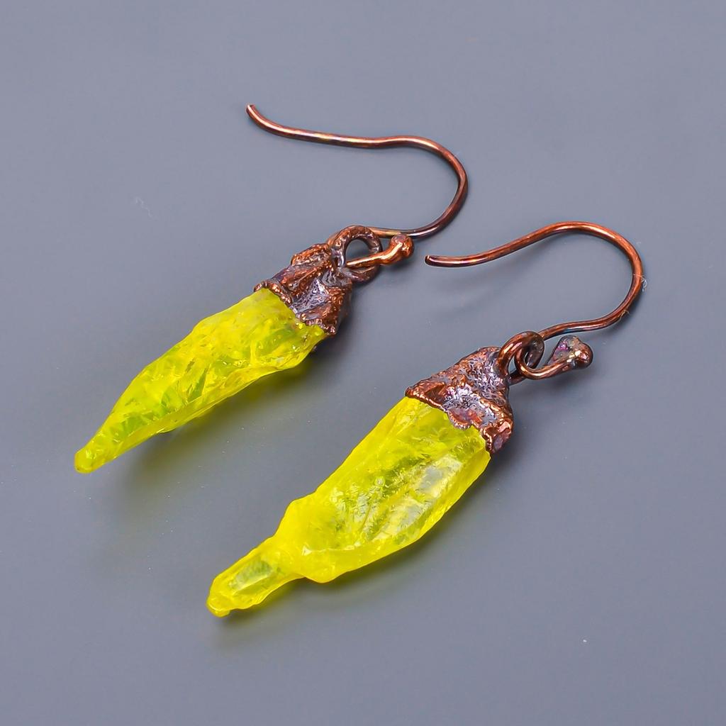 Yellow Topaz Rough Stone Unique Artisan Dangling Trendy Earrings Jewelry Copper V-7