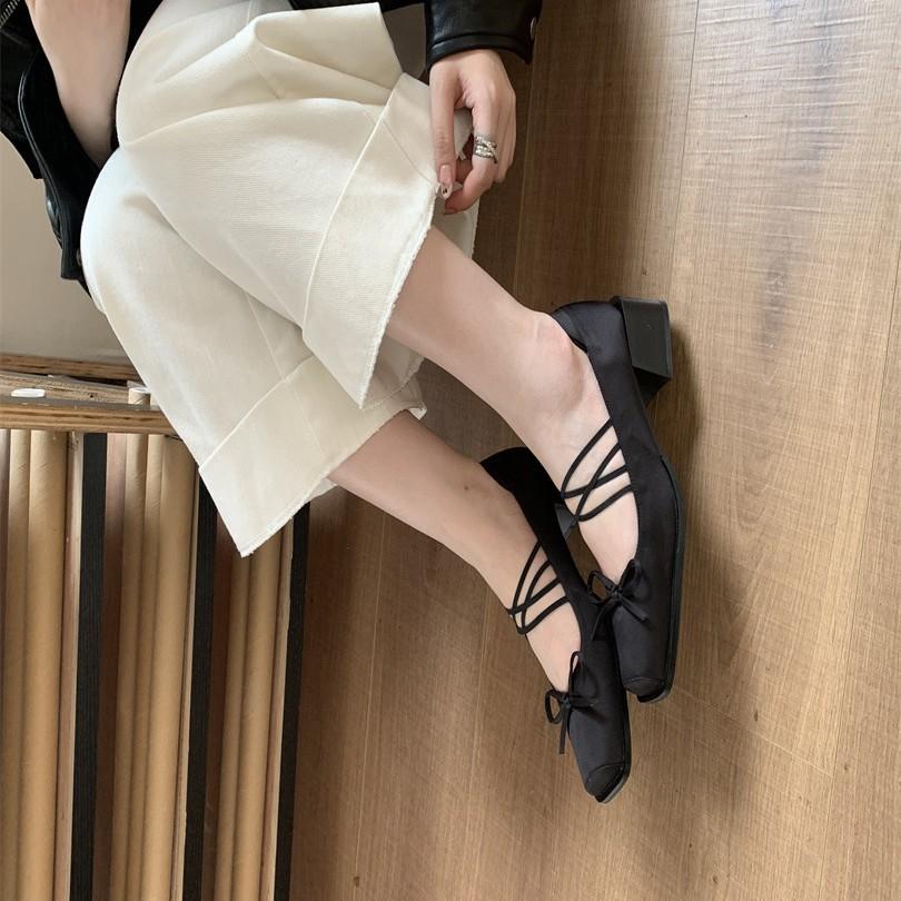French single shoes women's thick heels are beautiful and not tired, high heels ballet shoes retro bow Mary Jane shoes black
