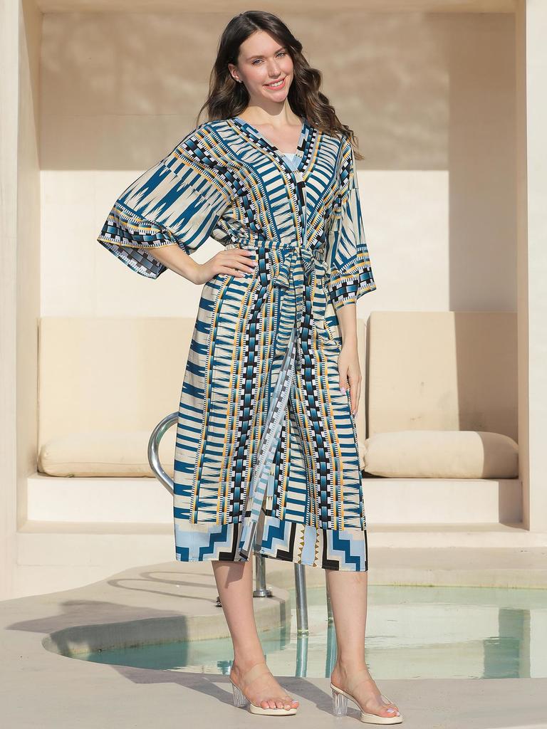 Viskose-Print Urlaubskimono-Cardigan: Long Beach Cover-Up mit Sonnenschutz