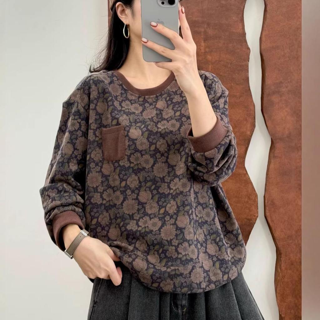 2026 Spring Artistic Printed Round Neck Loose Casual Women's Sweatshirt