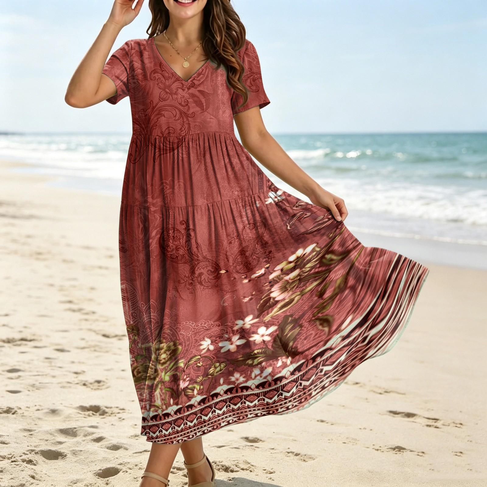 

Женское повседневное свободное богемное платье с цветочным принтом, длинное макси-платье с коротким рукавом, летнее пляжное платье-качели XXL красный