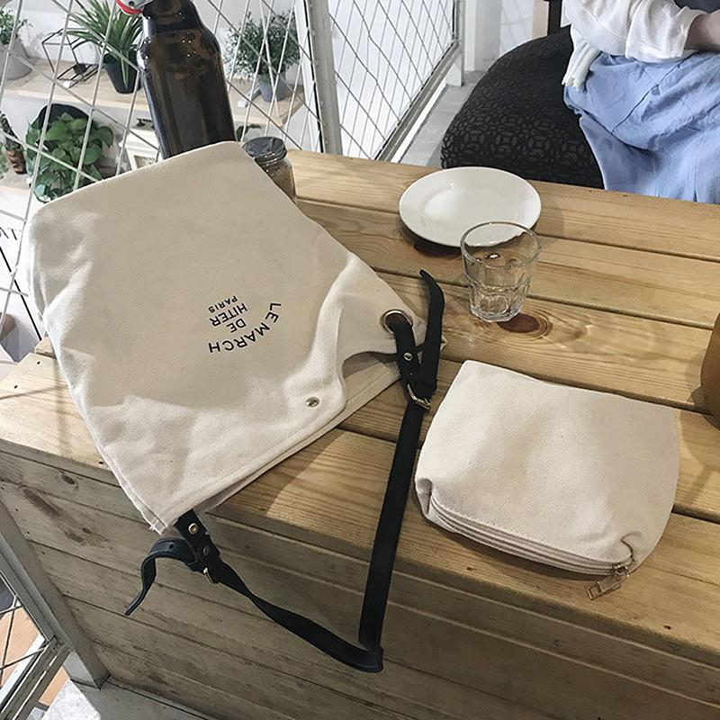 Korean Style Simple Canvas Bucket Bag Synthetic Leather Adjustable Straps Sling Bag For Women Simple Studen Christmas Gift