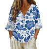 Women V Neck Vintage Floral Print Loose Fit Short Sleeve T Shirt Linen Blend Comfortable Casual Top for Daily Wear