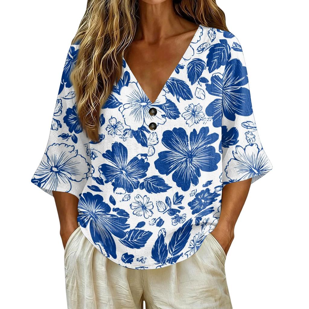 Women V Neck Vintage Floral Print Loose Fit Short Sleeve T Shirt Linen Blend Comfortable Casual Top for Daily Wear