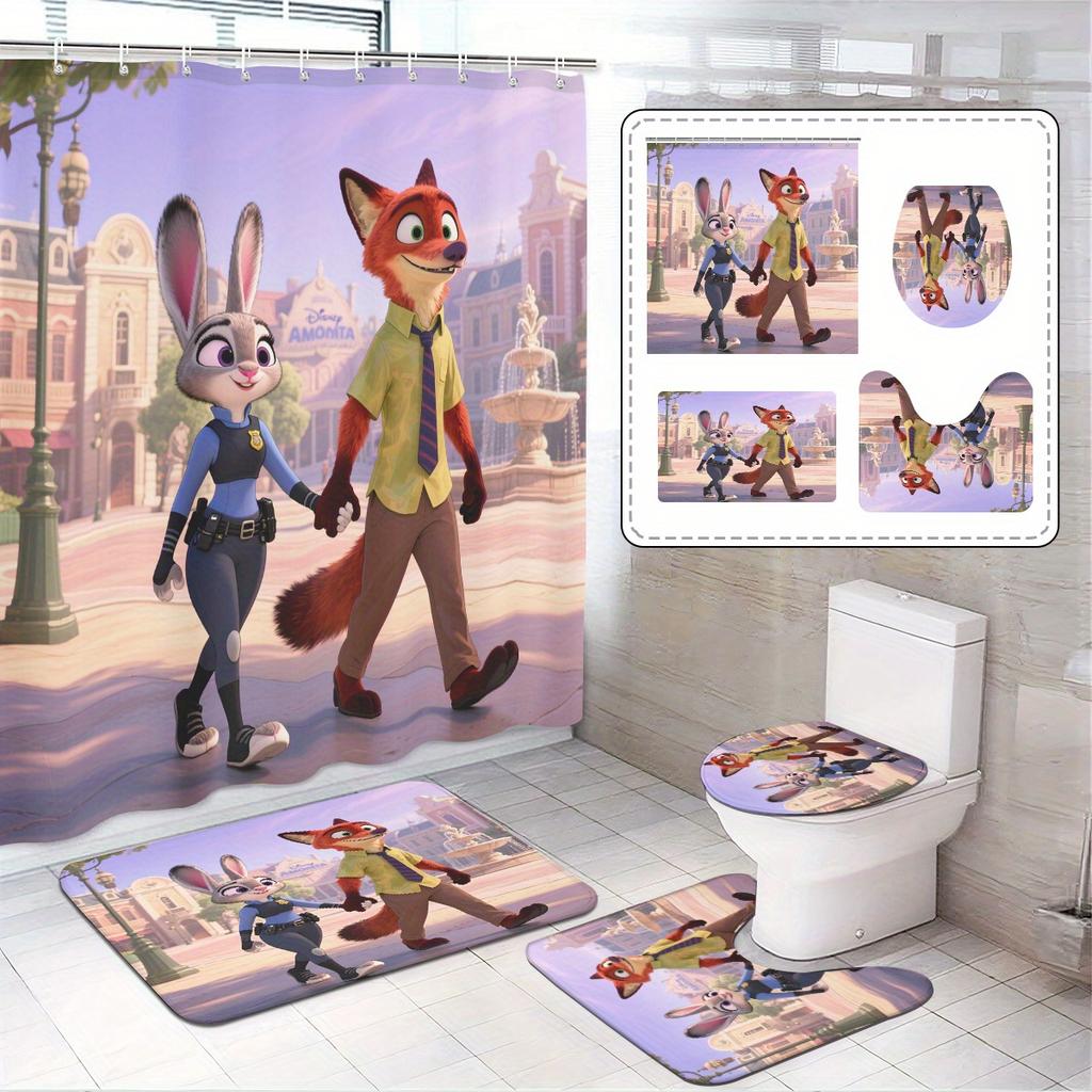 4pcs Official Disney Zootopia Bathroom Collection: Waterproof Shower Curtain with All Characters, 4-Piece Set