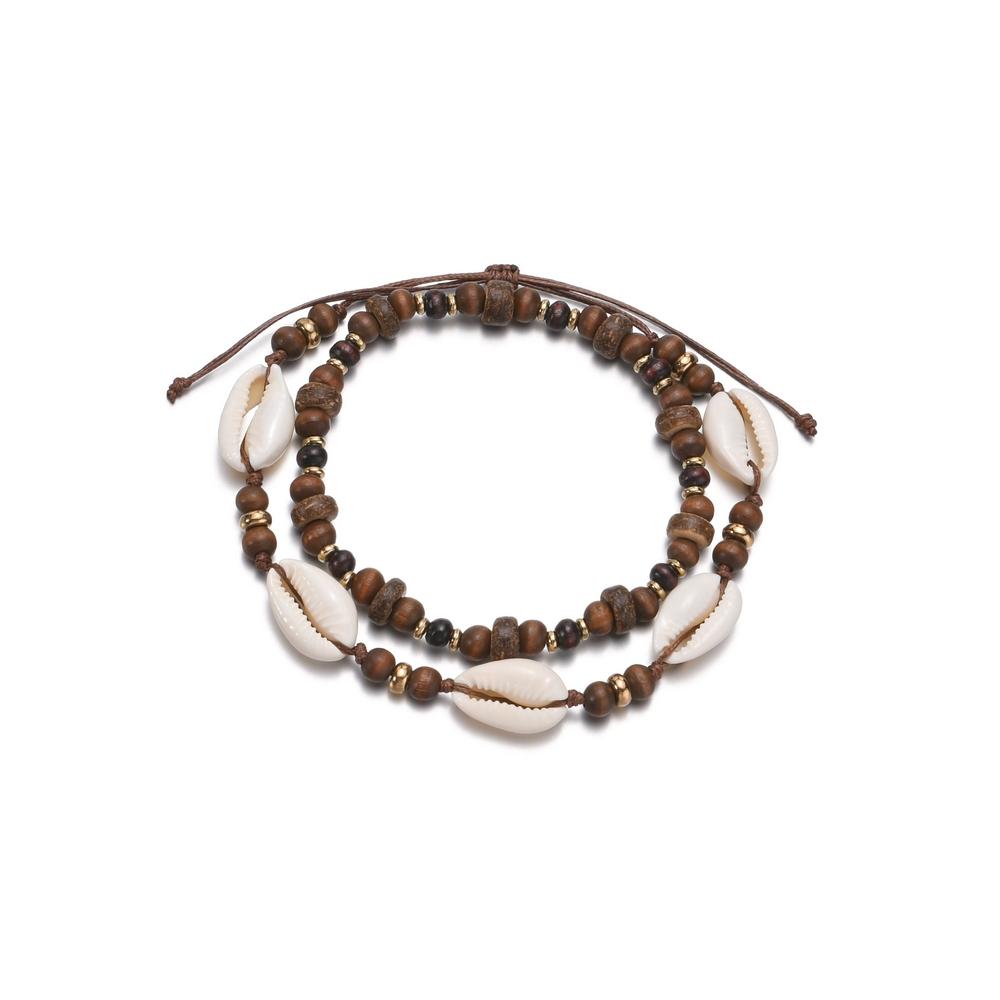 2-piece Bohemian style shell woven wooden beaded women's anklet set