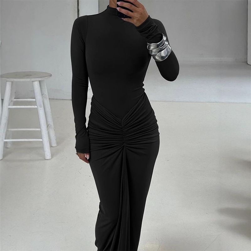 

European and American Sexy Waist Hugging Solid Long dress Temperament Pleat Dress Temperament Pleated Dress Black S