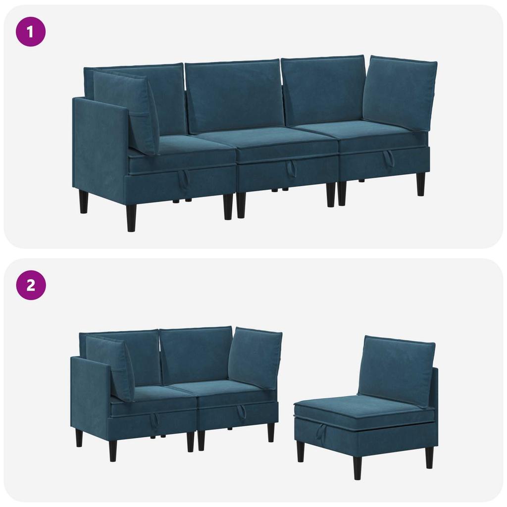Living Room Set with Cushions and Storage 3 Pcs Blue Velvet