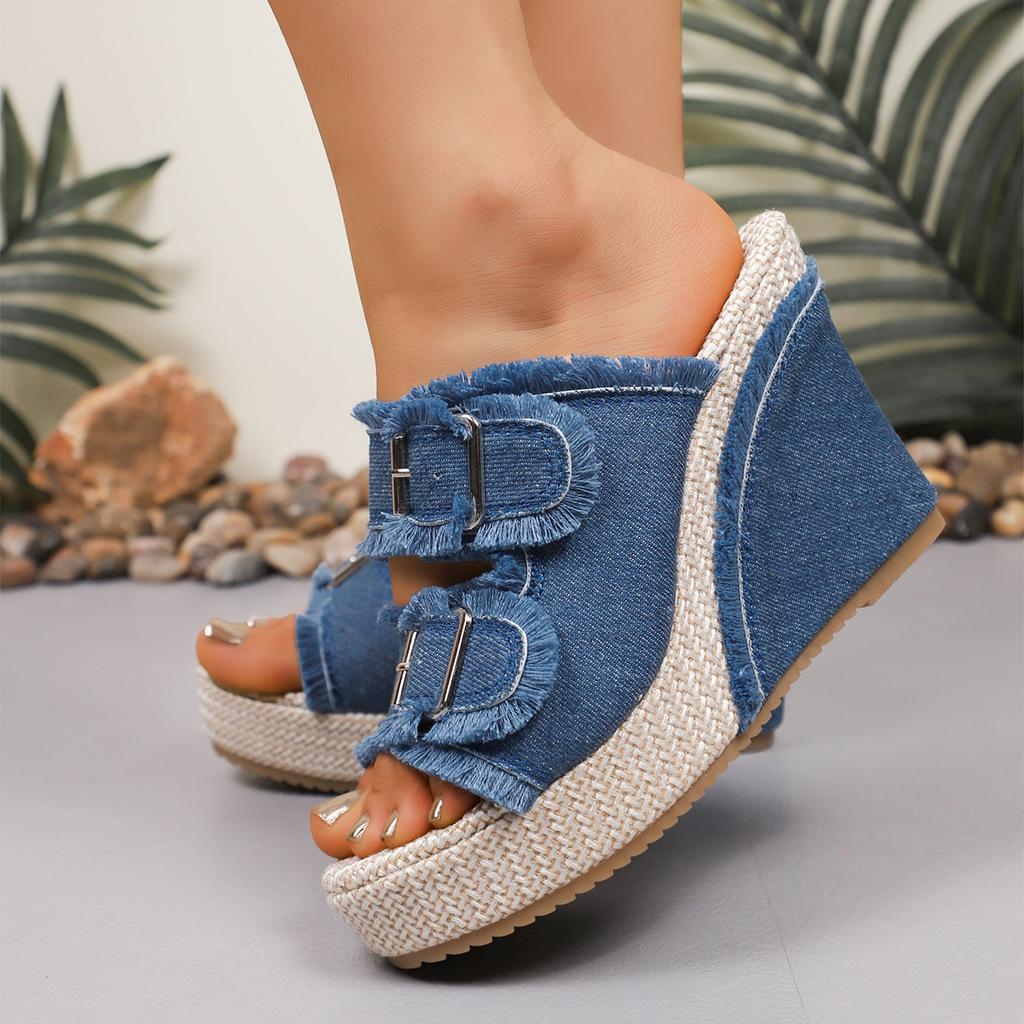 Women Sandals Wedges Platform Women Shoes Casual Double Buckle Strap Sandals Women Summer Thick Sole Denim Slippers