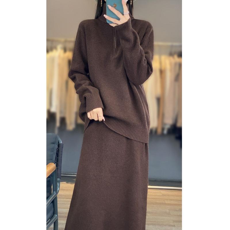 Half Zipper Turtleneck Sweater Two-piece Set Autumn and Winter New Casual Thick Skirt Knitted Sweater Set Women