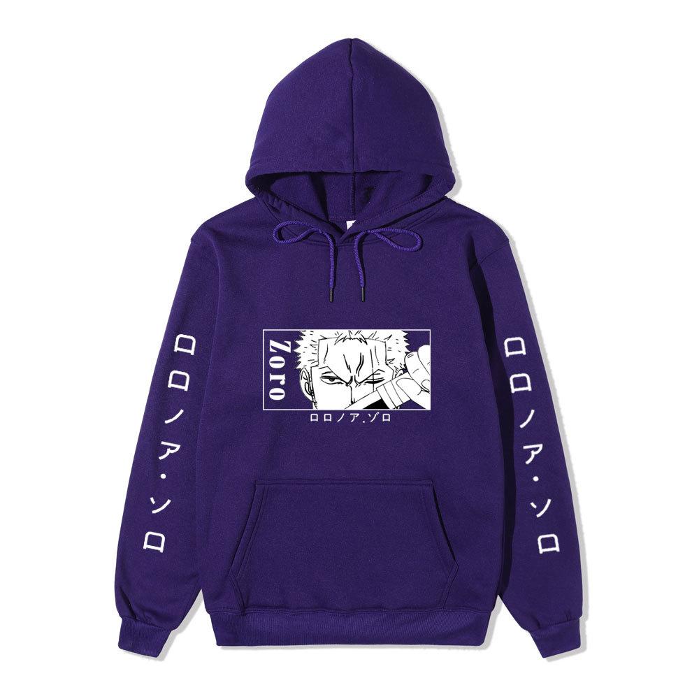 One Piece Hoodie, Roronoa Zoro Manga Graphic Japanese Letter Sleeve Print Pullover Sweatshirt Unisex Streetwear
