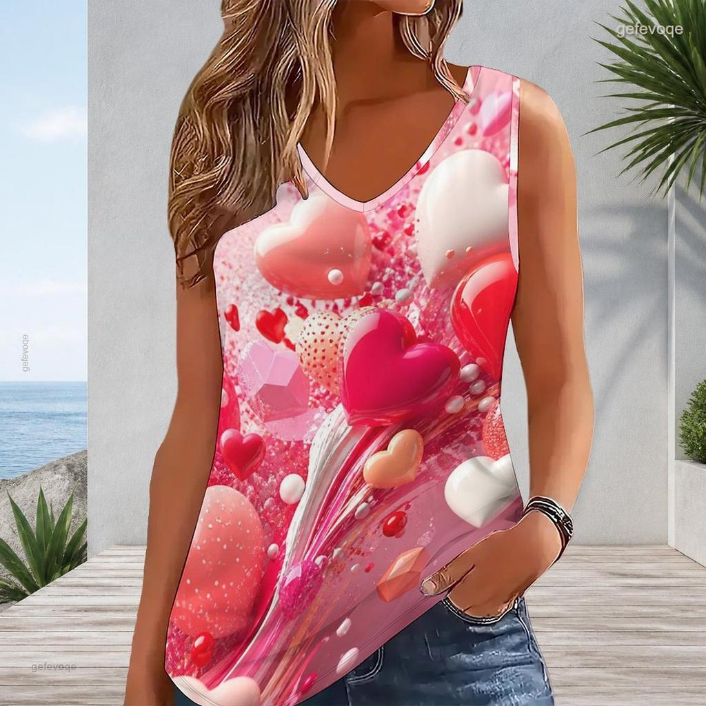 Women Plus Size Sleeveless V Neck Tank Top Vibrant Rainbow Heart Balloon Star Colorful Print Casual Top