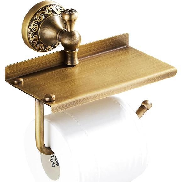 Toilet Paper Holder with Phone Shelf, Bathroom Toilet Paper Roll Holder Antique Bronze Brass Wall Mounted Bathroom Hardware Accessories,Pattern