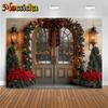 Mocsicka Christmas Photography Background Home New Year Snow Door Tree Decoration Winter Family Holiday Party Backdrop Wallpaper
