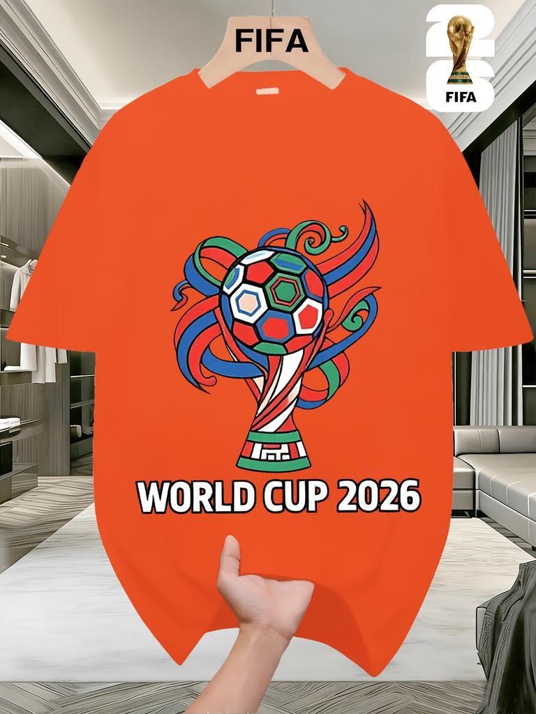 FIFA. World Cup Football.Men's Short-sleeved T-shirt with a US-Canada-Mexico Themed Print, Crew Neck Style for Men and Women, Perfect for Holiday Wear
