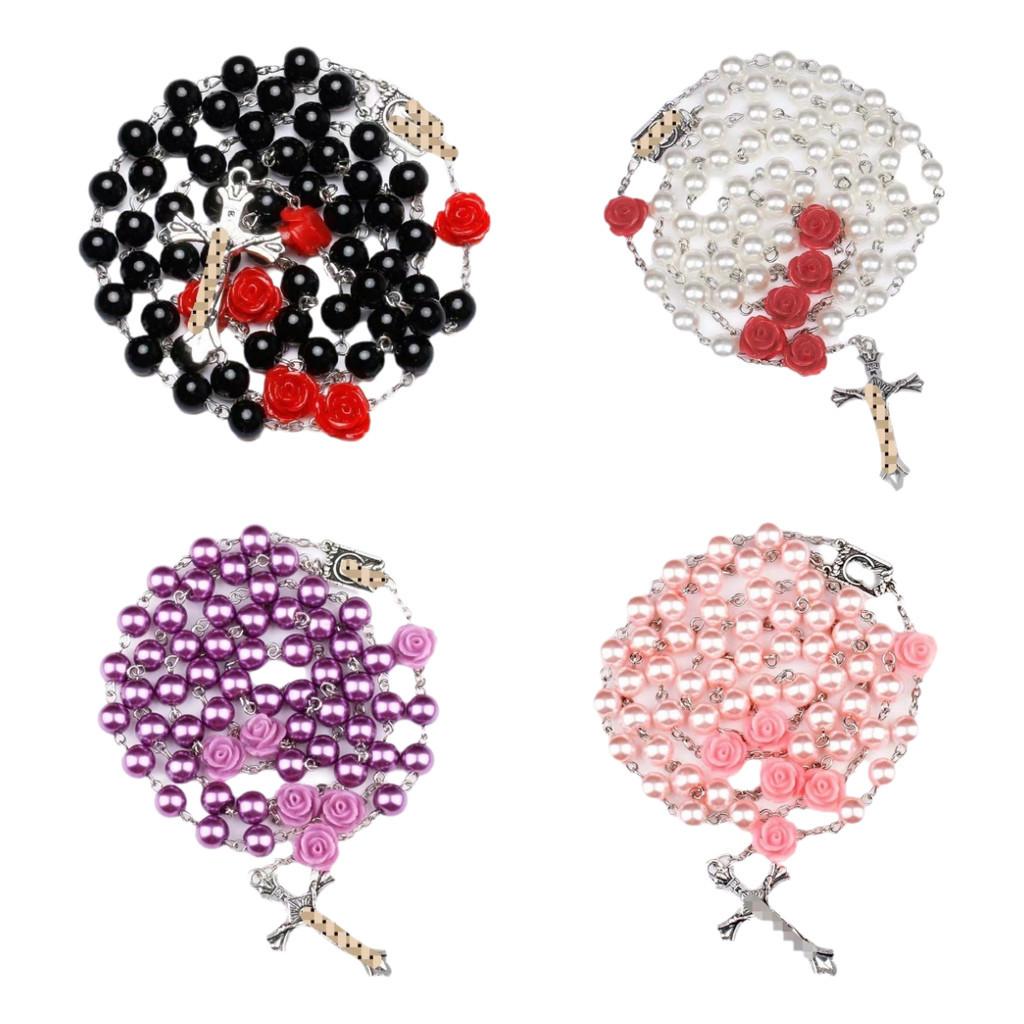 Roses Women Round Bead Necklace Cross Pendant Alloy Material Valentine Gift Day