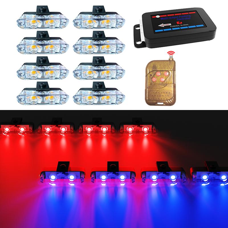 8 In 1 Universal Strobe Lights Car Front Grille Emergency LED Signal Light Red Blue Police Flashing Warning Lamp Accessories