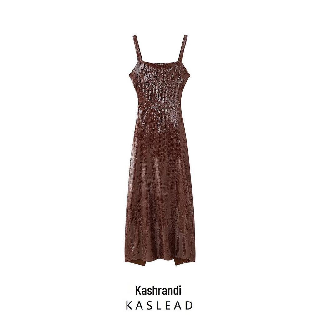Women's Winter 2024 Sequin Spaghetti Strap Backless Maxi Dress - European & American Style Fashion