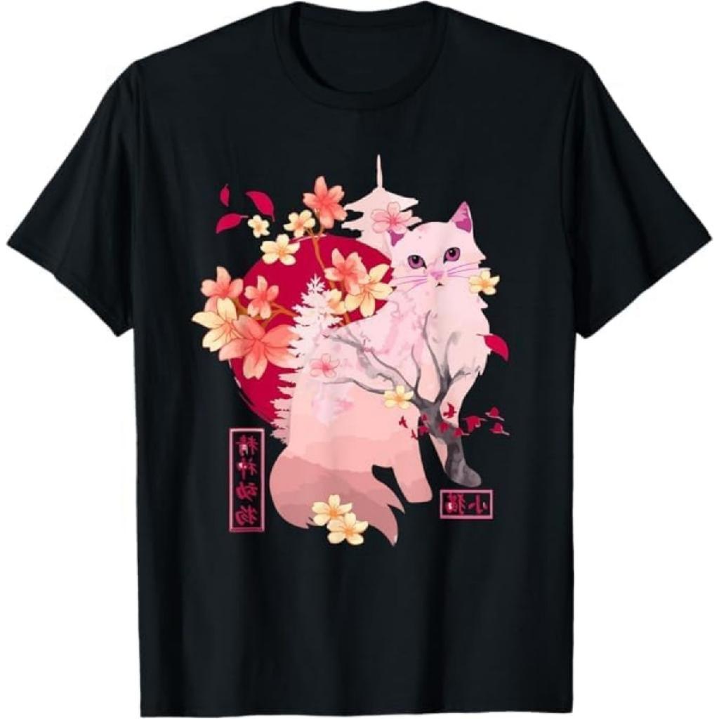 Sakura cat Tree Blossoms Japanese Art Retro 80s Japan Anime T-Shirt BAOANH Mens Womens Tank Top Sweatshirt Hoodie Longsleeve 1908 Black