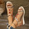 Women's Wide Width Ethnic Sandals, Rhinestone Beaded Wedge Heels, Handwoven Rope Platform Shoes for Women