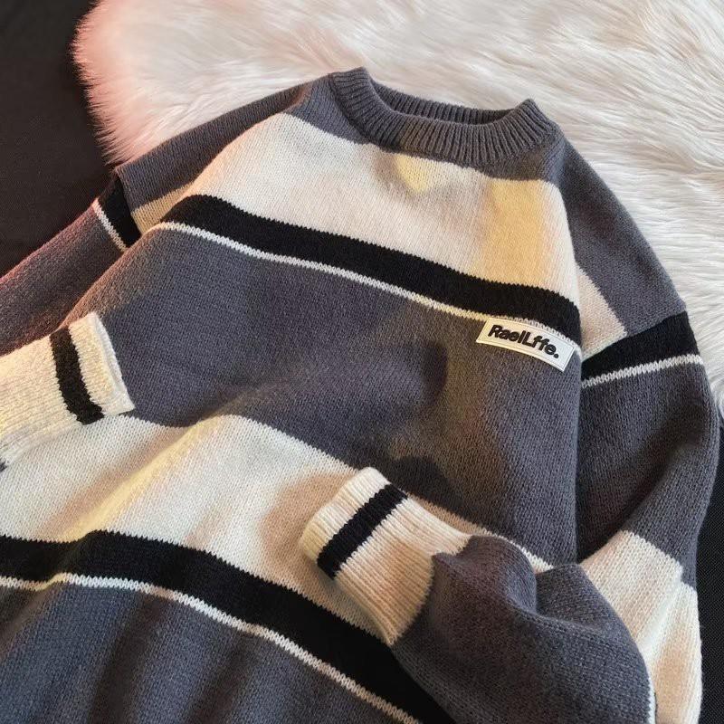 Unisex Oversized Long Sleeve Knit Sweater Casual Loose Fit Striped Design Fall Winter Pullover Youth