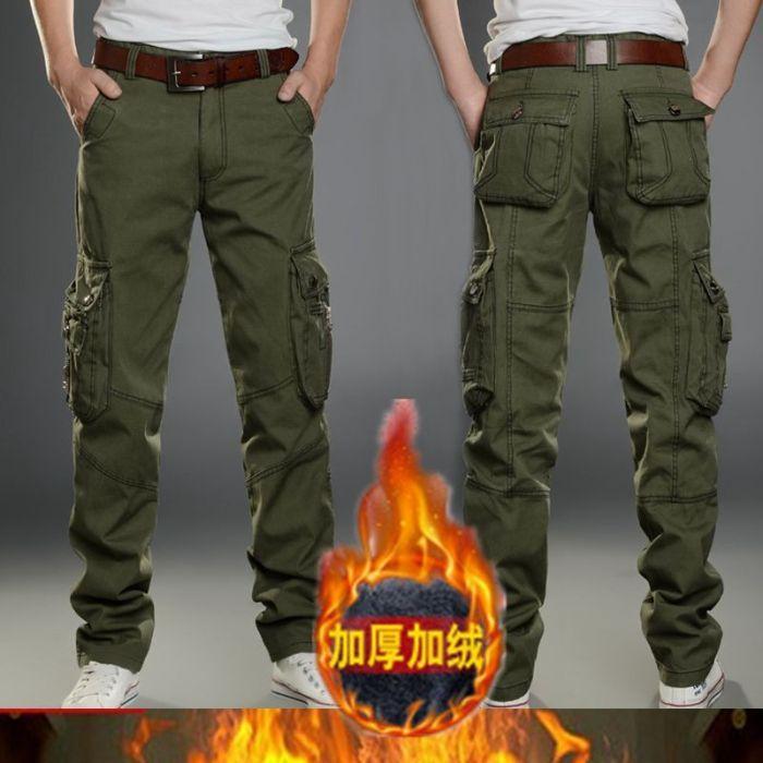 Winter New Men'S Plush Thick Work Pants Warm Cotton Loose Straight Tube Multi Bag Casual Work Pants