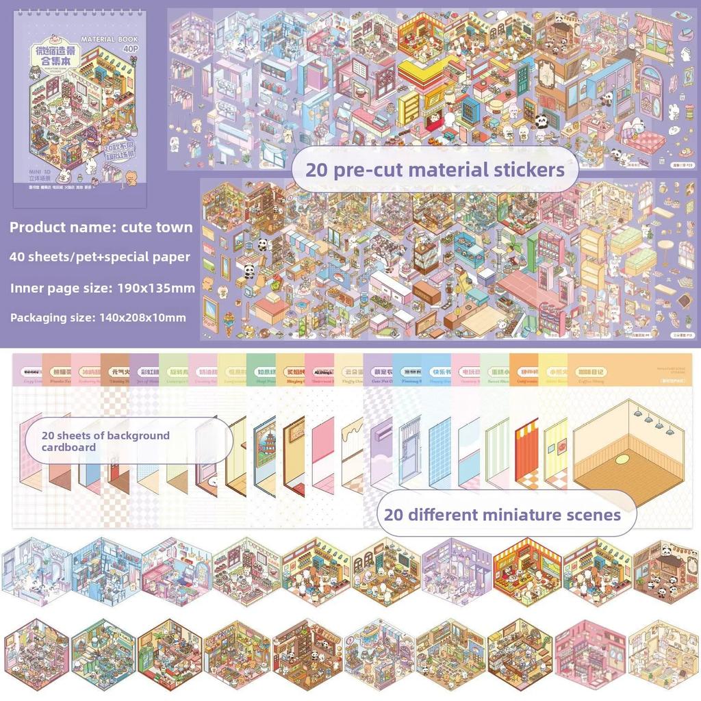 40 Peças 20 em 1 Livro de Coleção de Adesivos de Paisagem 3D para Scrapbooking DIY Junk Journal Cena de Desenho Animado Estética Suprimentos de Artesanato