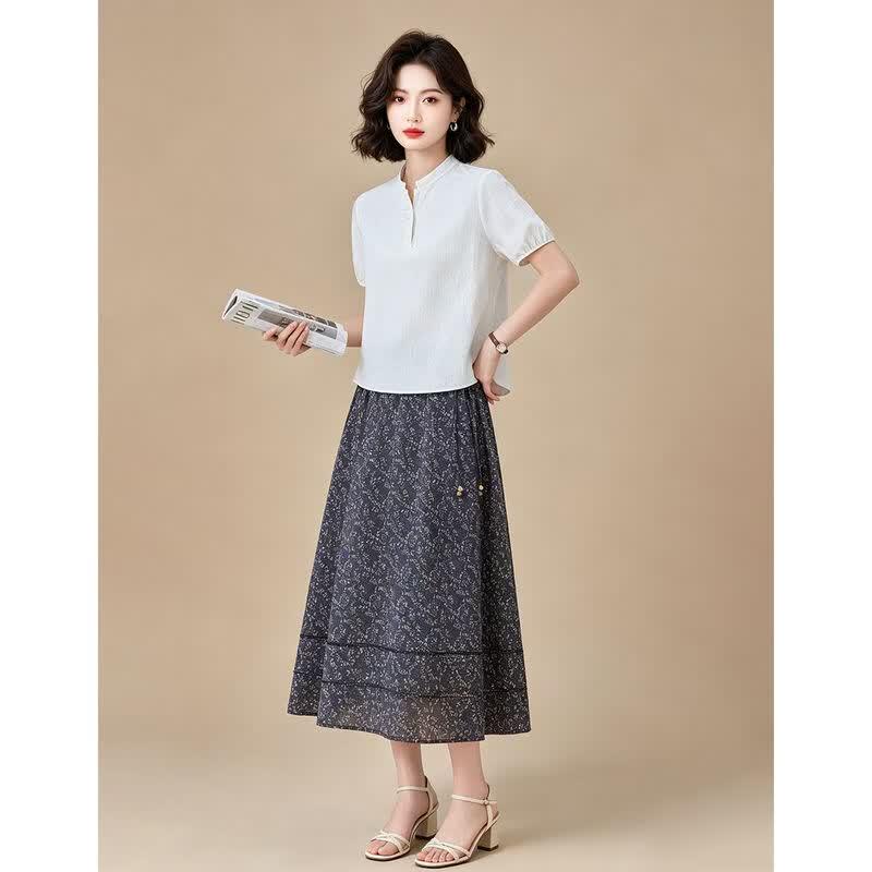 EST+II Stand Collar Shirt & Floral Skirt Set